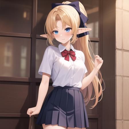 (masterpiece, best quality:1.2),illustration,8k,hd,1girl,solo,upper body,(portrait:1.2),small breasts,elf,pointy ears,very long hair,blonde hair,skirt,bow,pleated skirt,white shirt,red bowtie,short sleeves,ponytail,blue skirt,bangs,hair ribbon,collared shirt,parted bangs,white thighhighs,blue hair bow,blue eyes,<lora:Iris(enjo)-Manga>,