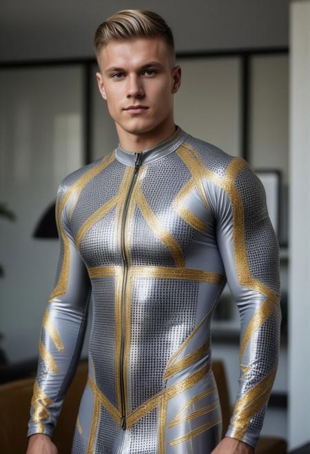 a strong 24-year-old german bodybuilder male, with a side fringe curtains hairstyle, detailed face, mindless expression, wearing a skin tight light-gray latex bodysuit with silver and gold electronics circuits patterns, standing at attention posture, on a modern living room, looking to the camera,  detailed face, professional photography, shot on sony a 7RIII , looking to the camera,  detailed skin face and eyes, natural lighting ,  film grain, low contrast, natural face,  dark circles under eyes