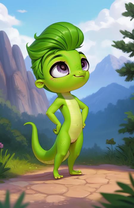 VinnieTerrioCartoon, Gecko,  green gecko,   purple-gray eyes,