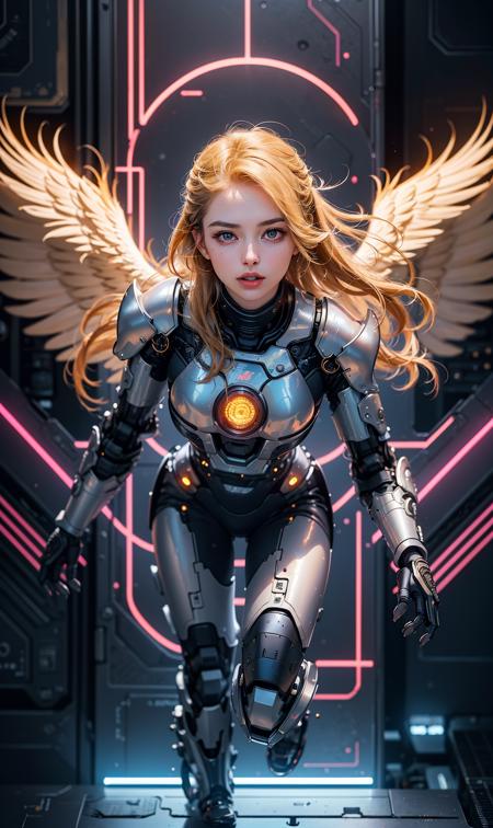 robot,1 girl,full body,Wearing a battle suit,Mecha Wings,Black Gold Armor,mecha,(dynamic posture:1.1),(A beam of light on the face:1.3),Long blonde hair fluttering,Mighty,Vision,Screen,cable,glowing,Fire,foreshortening,pov,Depth of field,cinematiclighting,((masterpiece)),((best quality)),(realistic:1.2),(high detial, intricate details, hyper detailed:1.2),(8k uhd:0.2),Vision,((best quality,high quality,masterpiece)),(best quality:1.2),robot,Trophy,Cable,glowing,no_humans,purple background,(soft and bright lighting:0.6),<lora:robot:0.6>,