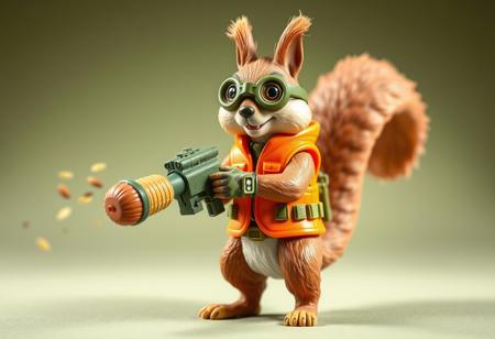 1990s-style action figure toy of an anthropomorphic squirrel dressed as a forest-themed nut defender superhero. The squirrel wears an orange utility vest, forest camo gloves, and goggles, holding a walnut-shell cannon that fires acorn projectiles and confetti nutrient bursts. Stylized accessories mini pumpkin grenades, and a belt of seeds. Bright colors, nostalgic aesthetic, detailed toy design, whimsical and heroic style, bold comic-book shading. Clean background. Frontal view. 4:5 aspect ratio --v 5 --style 90s --ar 4:5
