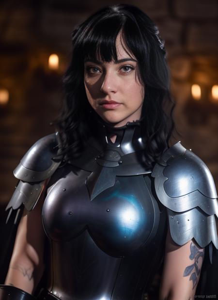 (gothcharlotte) (dark hair) (blue eyes) woman (cinematic) (masterpiece) (face detailed)  (Knigh armor) (medieval times) (oil paint)  <lora:CHARLOTTE:1>