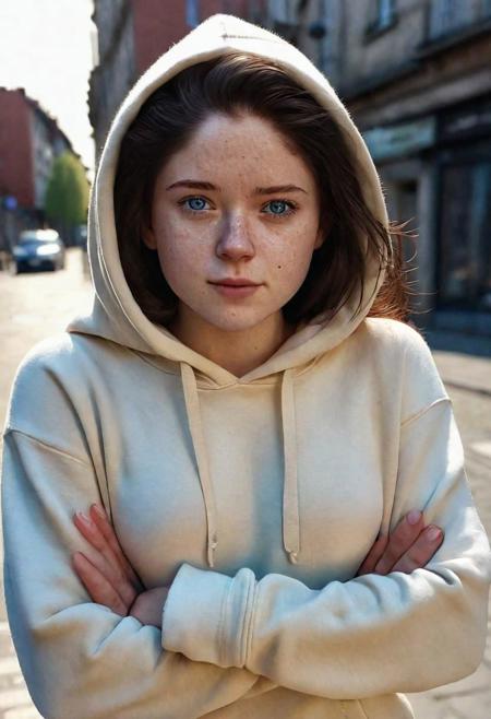 27-year old girl, dark hair, light blue eyes, ((cream hoodie)), medium breasts, arms crossed, freckles, standing on the street, warm light, hyperrealistic, realistic photo, 8k quality, best quality, <lora:SashaXL:1,3>, <lora:perfect_hands_2:1,5>
