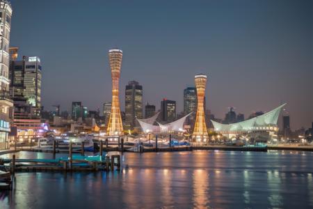 porttower, kaiyomuseum, night, scenery, water, building, night sky, real world location, outdoors, cityscape, skyscraper, city, city lights, reflection, neon lights