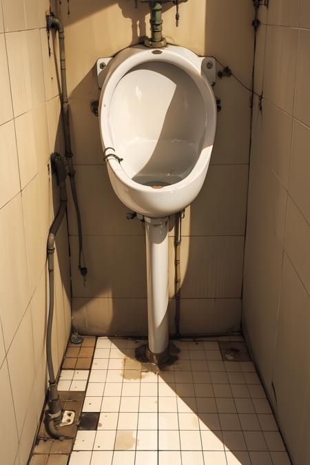 ruanyi0250,indoors,tile floor,tile wall,horror \(theme\),no humans,urinal,industrial pipe,shadow,crack