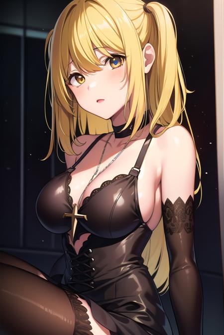 misa amane, long hair, bangs, (brown eyes:1.5), (yellow hair:1.5), blunt bangs, (two side up:1.5), red lips, lipstick, thighhighs, dress, jewelry, collarbone, boots, detached sleeves, choker, black thighhighs, necklace, black footwear, black dress, sleeveless dress, garter straps, black choker, short dress, floral print, cross, red nails, cross necklace,