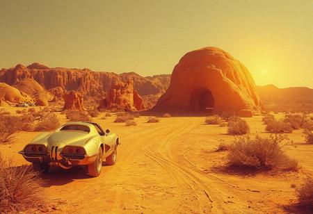 avant-garde, retro futurism , gold and chrome, california desert, 1970s, robert T, techno style