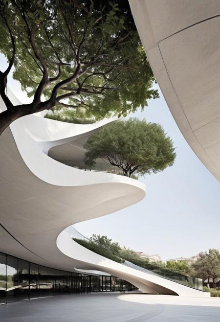Transform the minimalistic architectural scene, previously inspired by Santiago Calatrava, by incorporating features and elements characteristic of Zaha Hadid's design philosophy. Emphasize fluid forms, dynamic curves, and futuristic aesthetics within this open-air, smaller-scale setting. From a low angle, infuse the scene with Hadid's signature style of sweeping lines and organic shapes, blending the structures with the slightly enhanced natural vegetation. The notable tree and additional greenery should seamlessly integrate into this reimagined environment, where architecture and nature coalesce in a harmonious and innovative manner. The visualization should capture the essence of merging Calatrava's minimalism with Hadid's expressive, cutting-edge approach to create a unique, contemporary architectural landscape.