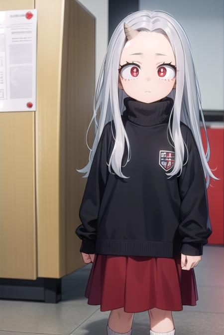 eri, long hair, (red eyes:1.5), grey hair, horns, child, single horn, female child, shirt, long sleeves, dress, white shirt, collared shirt, red dress, pleated dress, short sleeves, hospital gown, skirt, long sleeves, socks, sweater, red skirt, turtleneck, slippers,