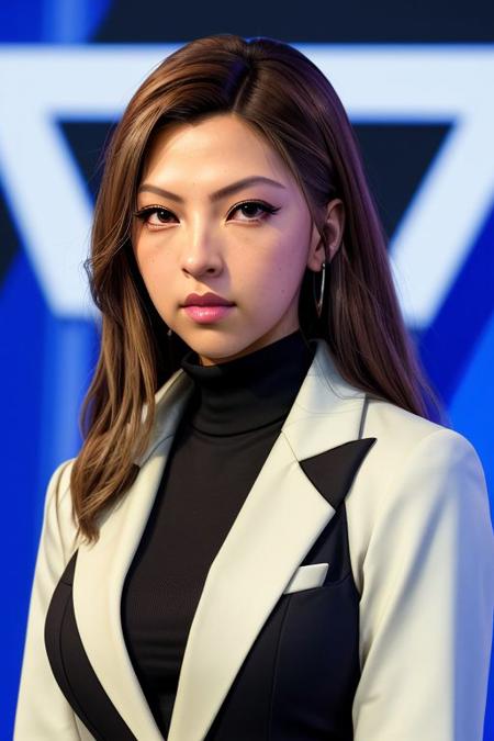 Picture, high quality, close up portrait, beautiful woman Koh_LilyMuniHe, a cyberpunk businesswoman, wearing a blazer and turtleneck shirt, corpo, corporate, , perfect face, perfect eyes, sharp focus, cyberpunk office, futurism