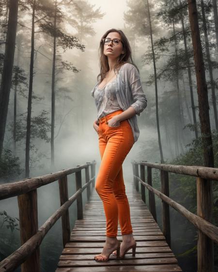 subject: an extremely detailed sketch of a woman in orange jeans with glasses and full breasts with a pondering look on her face, standing on a wooden bridge
background: a dark forest with fog rolling in over the ground
material: water color
additional settings: extreme detail, rays, abstract, epic, 8k, realistic painting