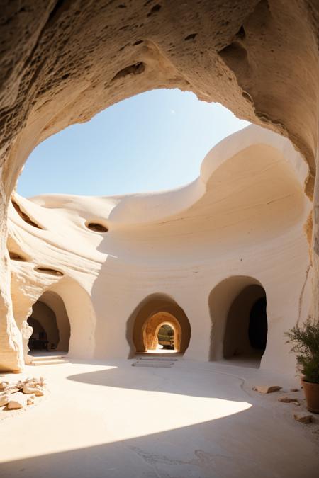 award winning interior photo, photograph, ultra photorealistic, photorealism, film still of inside a modern white spacious design (backyard inside a smooth stone cave:1.25), smooth shading, desert, daylight, bright colors, hyper realistic, modern, surreal, lights, minimalistic studio architecture, behance, halation, bloom, dramatic atmosphere,  rule of thirds, 8k uhd, dslr, high quality, film grain, kodak, panavision, cinestill