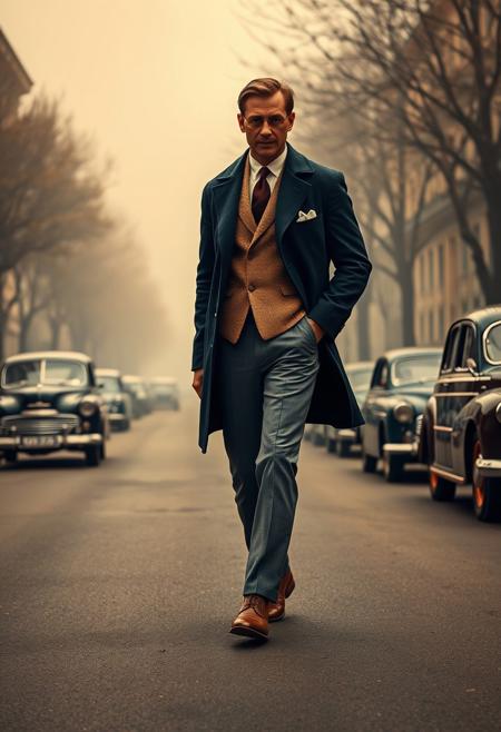 man walking, vintage style, navy overcoat, tan blazer, gray trousers, brown leather shoes, 1950s fashion, foggy street, autumn morning, classic cars, sepia tones, cinematic look, retro elegance, noir aesthetic, confident posture, academic painting, classical mythology, dramatic lighting, idealized figures, realism, grand historical scenes, rich detail, allegorical, 19th century, Vienna Academy