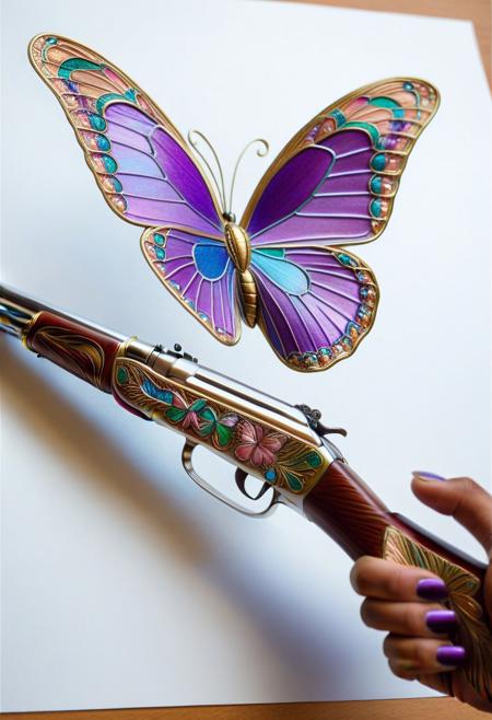 butterflyStyle,
purple butterflyStyle, 
A photograph depicts a close-up of a hand drawing a detailed, (a Art Nouveau gloves morphing into iridescent butterfly wings) line sketch of a rifle on white paper, holographic display with technicolor patterns, chrome metal plating transforming into delicate wing membranes, goldwork eggplant color theme, intricate pattern, detailed goldwork, Art Nouveau style, focus on gloves, The hand, with medium skin tone, holds a metallic pencil. The rifle design includes a long barrel, a stock, and a visible magazine. The lines are clean and precise, indicating careful attention to detail. The background is out of focus, emphasizing the drawing.