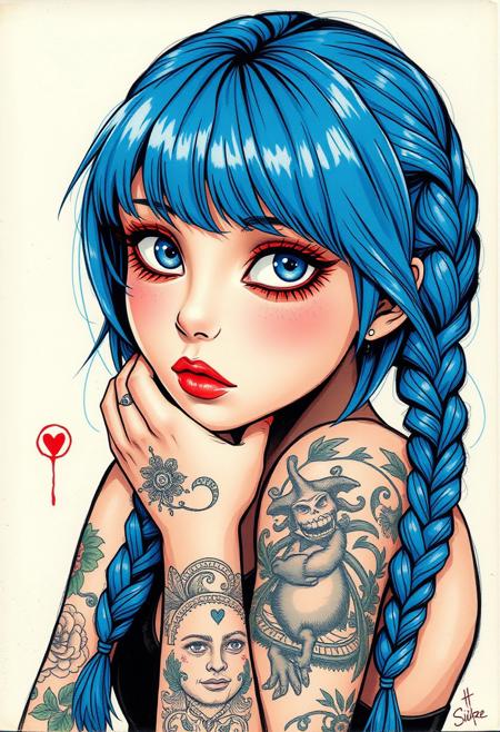 Art by Squeeze Dinger, perfect blue girl, Blue hair, Braids, big blue eyes, gorgeous tattoos, Ralph Steadman