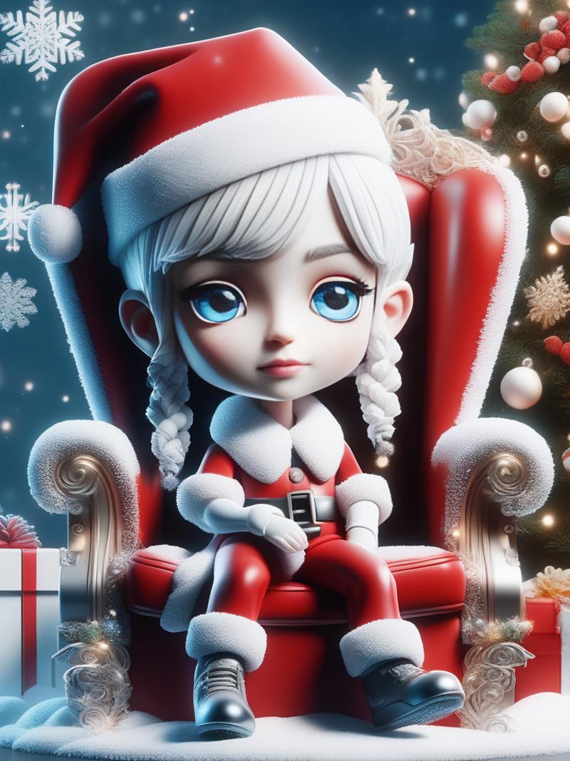 A young girl wearing a Santa suit sitting on a red chair.