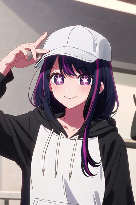 best quality, masterpiece, highres, solo, {hoshino_ai_oshinoko:1.15}, long_hair, purple_eyes, purple_hair, bangs, smile, symbol-shaped_pupils, multicolored_hair, star-shaped_pupils, 1girl, baseball_cap, cup, hat, hood, hoodie, white_hoodie, looking_at_viewer, star_\(symbol\), drinking_straw, hood_down, portrait, grey_hoodie, holding, streaked_hair