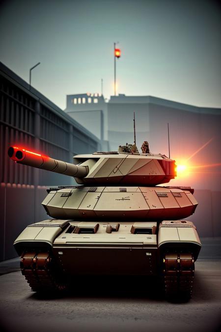 tank, 1tank. day light, full view, red lights., futuristic city street. street lights. big laser gun, side view