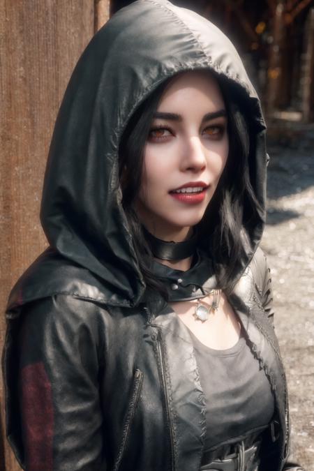 <lora:Serana_Reimagined:0.8> , Serana Reimagined, masterpiece, best quality, 1girl, solo, hood, red eyes, fangs, black hair, looking at viewer, gloves, choker, hood up, long hair, upper body, fingerless gloves, open mouth, jacket, teeth, realistic, leather, jewelry, hooded jacket, breasts, black gloves, ultra high res, (photorealistic:1.4), raw photo,