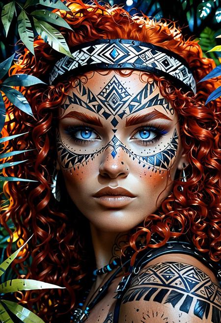 (fantasy art:1.3), (watercolor drawing:1.3), (Extreme close-up portrait:1.3), fierce tribal huntress with vibrant fiery red curly hair, intricate geometric primal tattoos symmetrically covering her skin, striking blue eyes, (prominent scar across eyebrow and eye:1.2), leather headband on forehead. Dressed in revealing fur clothing, peering intensely through dense jungle foliage at night. Dramatic chiaroscuro lighting, moonlight casting sharp shadows, atmospheric, hyperdetailed skin, sharp focus, primal aesthetic, (wild, untamed look:1.1), depth of field,