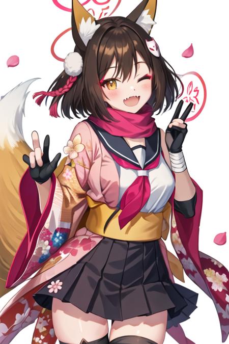 best quality, masterpiece, highres, solo, {izuna_bluearchive:1.15}, animal_ears, fox_ears, fox_girl, animal_ear_fluff, halo, brown_hair, bangs, short_hair, yellow_eyes, hair_ornament, smile, open_mouth, blush, fang, fox_tail, tail, hair_between_eyes, breasts, serafuku, 1girl, ;d, black_gloves, floral_print, gloves, japanese_clothes, looking_at_viewer, one_eye_closed, partially_fingerless_gloves, pleated_skirt, sailor_collar, scarf, school_uniform, skirt, fox_shadow_puppet, petals, single_thighhigh, thighhighs, kunai, weapon, white_background