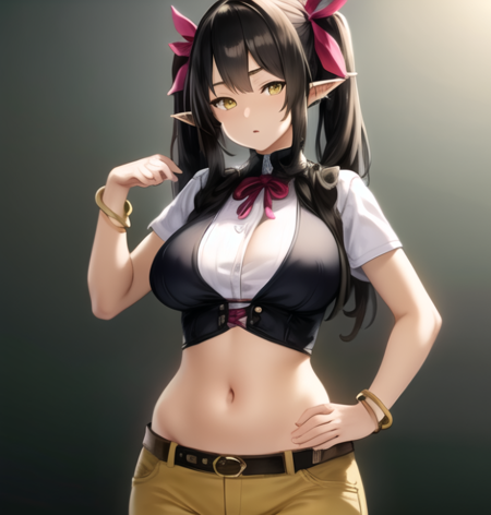 beautiful, masterpiece, best quality, extremely detailed face,  perfect lighting, 1girl,  solo, <lora:Houtengeki:0.9>, black hair, bracelet, breasts, covered navel, elf, gradient, gradient background, hair ribbon, hand on hip, jewelry, large breasts, long hair, looking at viewer, pointy ears, ribbon, shirt, signature, simple background, solo, twintails, underbust, yellow eyes, pants, black pants