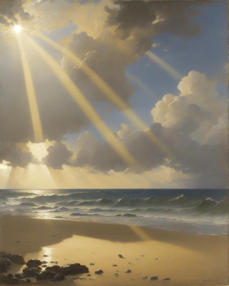 A serene beach, stunning, peaceful, dramatic sky, crepuscular rays, award winning oil painting by John Constable.