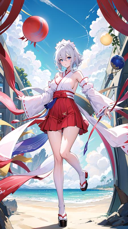 [(masterpiece, best quality)],
<lora:LunaAzurV1.0:0.8>, lunaazur,
[(1girl, solo, full body, blue eyes, (hair over one eye), white hair, short hair, bangs)],
[(skirt, tabi, japanese clothes, (red skirt, hakama, hakama short skirt, red hakama, hakama skirt), geta, socks, maid headdress, official alternate costume, white socks, kimono)],
[(detached sleeves, wide sleeves, long sleeves)],
[(breasts, bare shoulders, thighs, sideboob, cleavage)],
 standing,beach, blue sky, clouds,