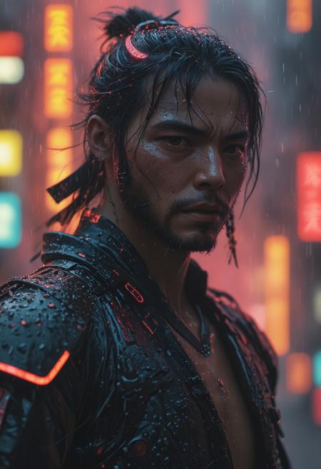 Cybernetic samurai in neon rain, glowing neon lights background, masterpiece, fantasy, digital art, highly detailed, overall detail, atmospheric lighting, Awash in a haze of light leaks reminiscent of film photography,  awesome background, highly detailed styling,  studio photo, intricate details, highly detailed, cinematic,  <lora:MJ52:0.6>,  <lora:d\EnvyZoomSliderXL01:0.5>
