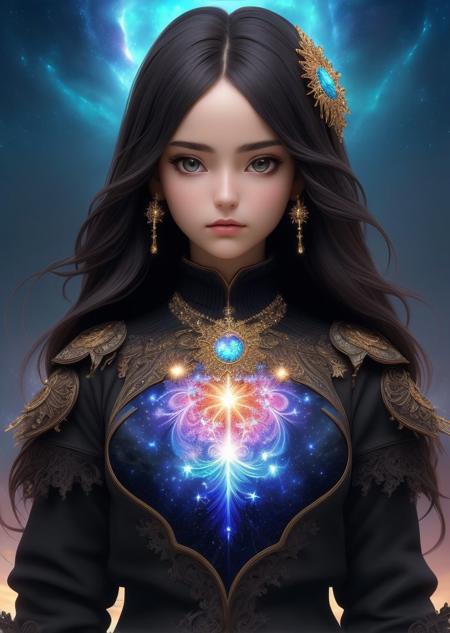 (masterpiece, top quality, best quality, official art, beautiful and aesthetic:1.2), (fractal art:1.3), 1girl, beautiful, high detailed,  dark lighting, serious face, looking the sky, sky, medium shot, black sweater, jewelry, masterpiece, best quality,