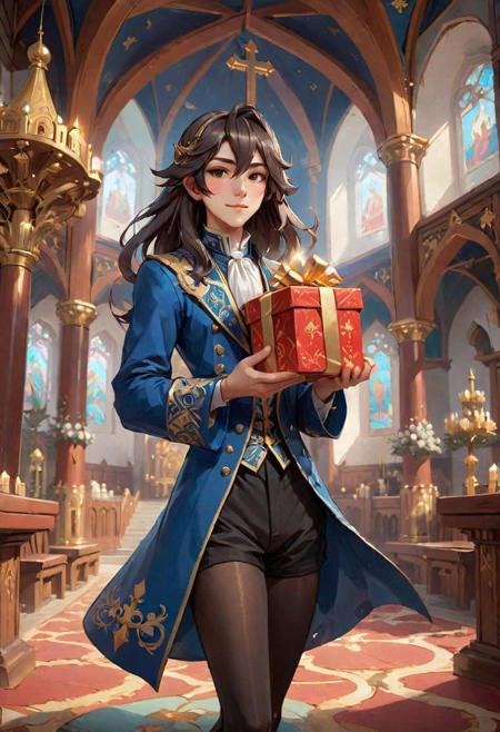 1boy, otoko no ko, crossdressing, androgynous, trap, Russian, holding a gift box, Orthodox church interior, magical, detailed background Russian, occultism, wallpaper, landscape, depth of field, side lighting, genshin impact, ultra detailed, stockings, long hair, flat chest, bare legs