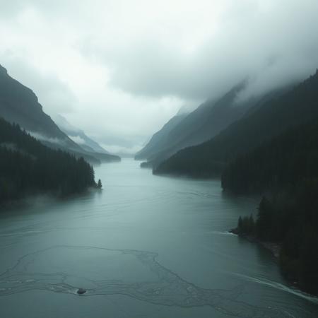 medieval, a wide river, mountains  forests, rain, mist, gloomy and overcast, cold, ominous