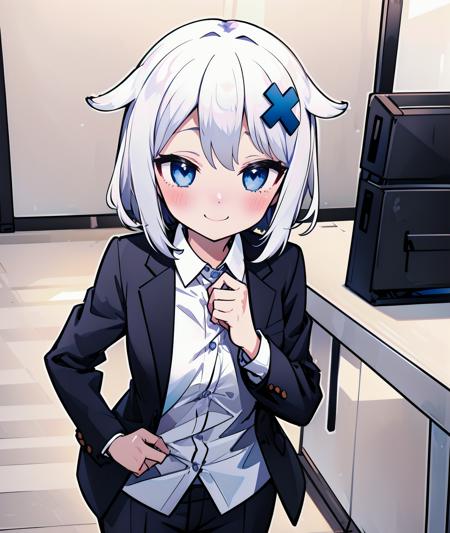 <lora:agingdiffusion_based_isedol-000008:0.8>, (1girl, solo, masterpiece, best quality, extremely detail, absurdres), indoors, light smile, blush, shirt, collared shirt, suit, formal_trousers, office, (gosegu, blue eyes, white hair, short hair, x hair ornament, hair flaps)