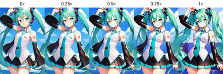 <lora:style_minacream-20:0>, cowboy shot, solo, 1girl, hatsune miku, smile, looking at viewer, twintails, sleeveless, necktie, detached sleeves, skirt