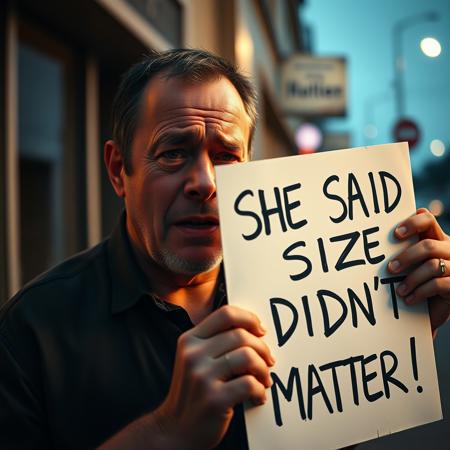 cinematic photograph of a crying man holding a sign that says "SHE SAID SIZE DIDN'T MATTER!"