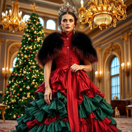 A luxurious Victorian-inspired Christmas gown with a high-collared neckline and opulent gold accents. The dress features layers of ruffled fabric in emerald green and crimson, with a sash tied at the waist. A fur-trimmed shawl drapes over the shoulders, and the model wears a glittering tiara adorned with holly berries. The background is a grand ballroom decorated with a towering Christmas tree and golden chandeliers. Keywords: Victorian, ruffled, high-collared, fur-trimmed, sash, tiara, holly, opulent