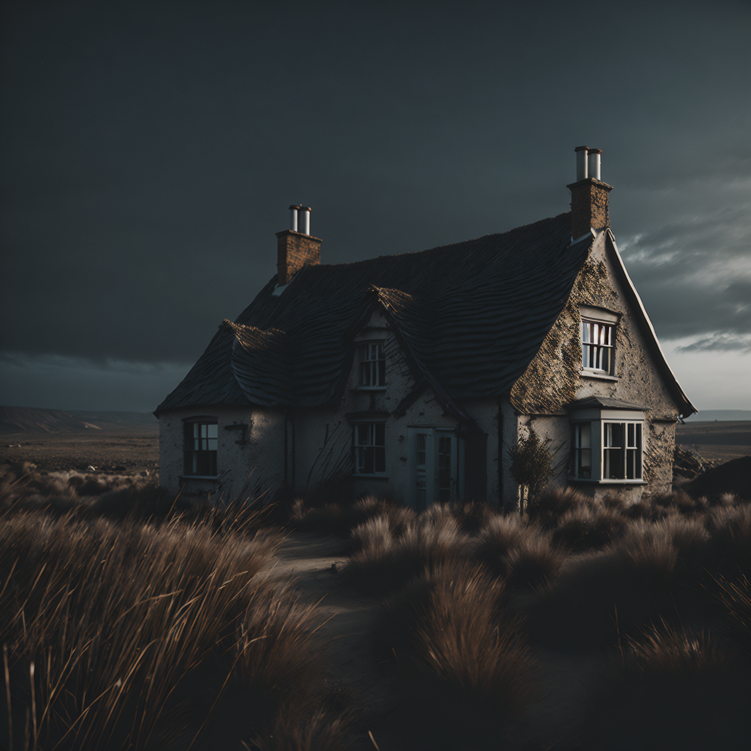 English Cottage in Barren lands Dystopian atmosphere Static lighting