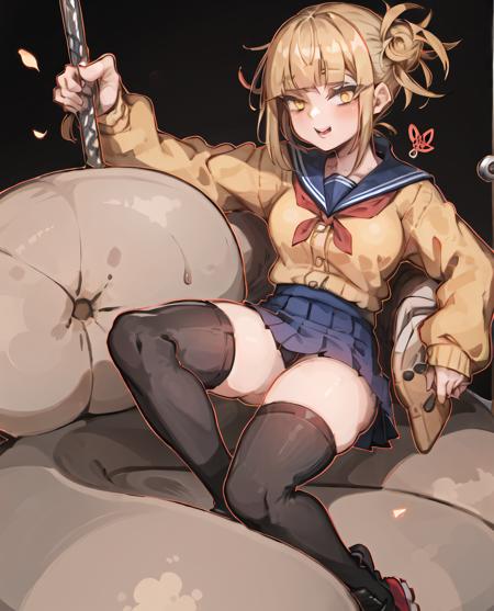 1girl, <lora:togaHimikoLora_offset:1>, toga himiko, yellow cardigan, yellow eyes, bags under eyes, bangs, blonde hair, blue sailor collar, thighhighs, skirt,