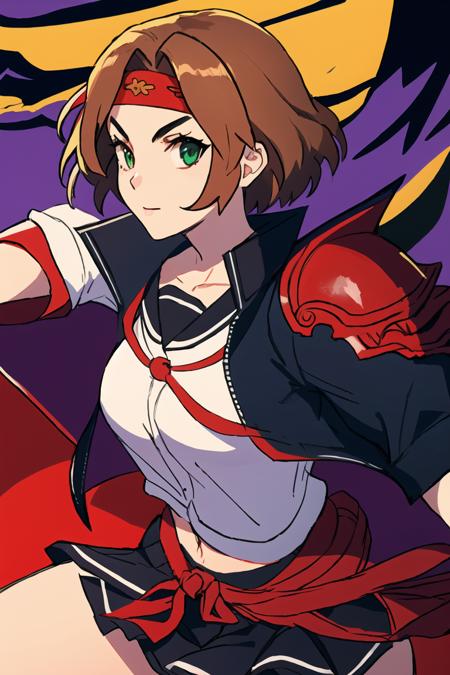 (masterpiece, top quality, best quality, beautiful, and aesthetic:1.2) yukimur4, 1girl, portrait shot, posing, slight smile, looking at viewer, red headband, short hair, brown hair, black skirt, purple collar, serafuku, shoulder armor, sode, red pauldrons, sukeban, bancho, delinquent, jacket on shoulders, high contrast, vibrant background, japanese shrine, torii <lora:yukimur4-000019:.8>