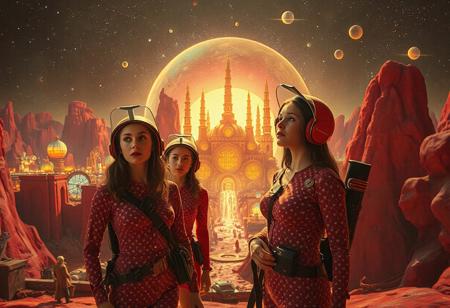 cinematic photograph, three women astro-explorers explore a mysterious psychedelic city of Fruitopia  ,1960s adventure b-movie science fiction film, technicolor , in the style of Ed Emshwiller