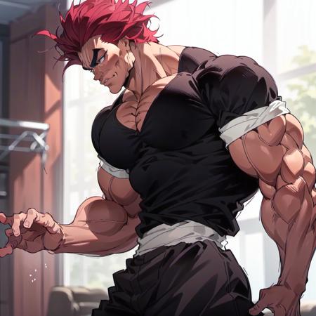 highres,High quality,(Beautiful), ((masterpiece)),vibrant colors,  solo,1boy, abs, biceps, large pectorals, male focus, manly, muscular, muscular male, pectorals, red hair, spiked hair,(black shirt:1.2), black pants,<lora:YujiroV9:1>