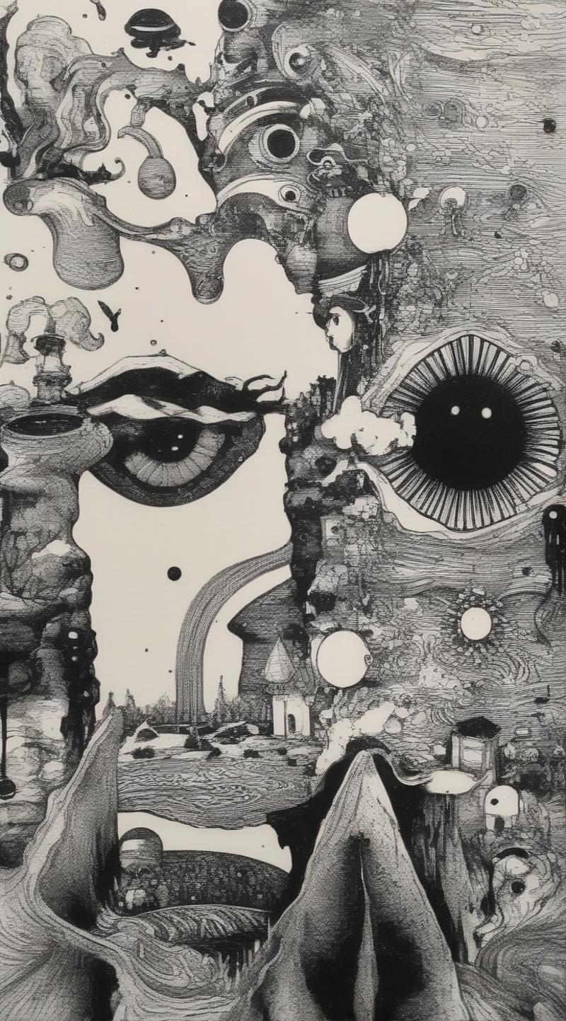 A black and white drawing of a face with a large eye, surrounded by surreal elements such as a mushroom, a bird in flight, and other bizarre creatures.
