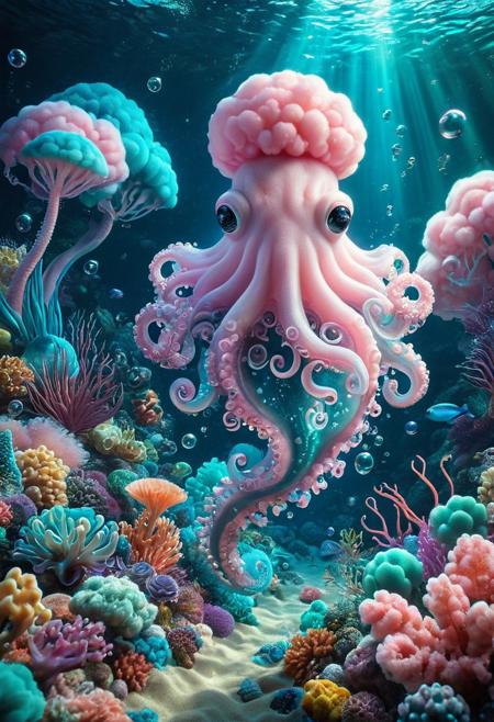 lazypos, addmicrodetails, cottoncandy
A majestic cotton candy octopus unfurls its eight glowing arms in a dynamic underwater scene, each tentacle lined with detailed suction cups and swirling gracefully. Its soft, fibrous body glows with bioluminescent patterns in turquoise, violet, and gold, blending into deep ocean blues and greens. Surrounding it, a surreal cotton candy coral reef bursts with colorful sea plants, pastel anemones, and shimmering fish. Gentle light rays filter from above, casting a magical glow and soft shadows. Bubbles drift upward, enhancing the dreamy, otherworldly atmosphere. High detail, fantasy style, underwater bioluminescence, soft lighting, vibrant colors