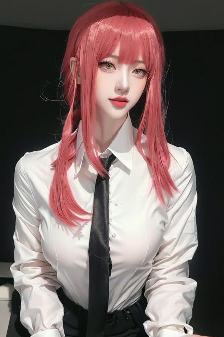 <lora:Makima:0.95>,ulzzang-6500-v1.1,(raw photo:1.2),((photorealistic:1.4))best quality ,masterpiece, illustration, an extremely delicate and beautiful, extremely detailed ,CG ,unity ,8k wallpaper, Amazing, finely detail, masterpiece,best quality,official art,extremely detailed CG unity 8k wallpaper,absurdres, incredibly absurdres, huge filesize, ultra-detailed, highres, extremely detailed,beautiful detailed girl, extremely detailed eyes and face, beautiful detailed eyes,light on face,cinematic lighting,1girl,full body,full-body shot,see-through,looking at viewer,outdoors, black_necktie, black_pants, business_suit, collared_shirt, white_shirt,red_lips,makeup