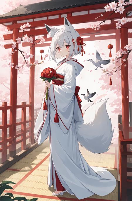 1girl, tail, animal ears, bird, red eyes, fox ears, uchikake, japanese clothes, veil, tail, flower, solo, fox tail, looking at viewer, kimono, white hair, fox girl, standing, long sleeves, wide sleeves, indoors, bangs, eyebrows visible through hair, tatami, full body, closed mouth, white kimono, bride, wedding dress, red flower, bridal veil, yellow flower, holding, tree, floral print, hair ornament, hood, see-through, from side, sidelocks, animal ear fluff, animal, tassel, short hair, long hair, dress, crane \(animal\), white flower, silver hair, ribbon, peony \(flower\), hair between eyes, railing, branch, cherry blossoms