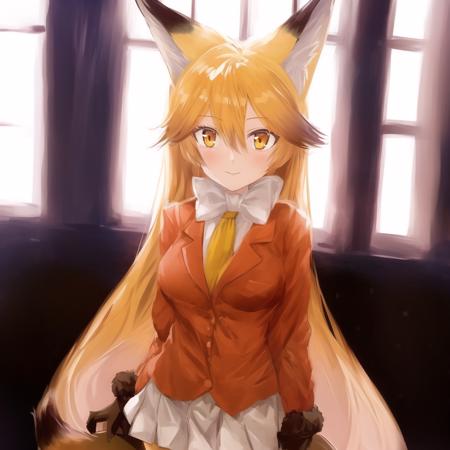 ezo, 1girl, solo, animal ears, fox ears, long hair, fox tail, blonde hair, white pleated skirt, brown gloves, brown fur trim, white bowtie, yellow legwear, long sleeves, yellow necktie, white undershirt, hair between eyes, very long hair, fur-trimmed sleeves, fox girl, bangs, orange eyes, orange blazer, brown loafers, brown tipped ears, brown tail, detailed shading, detailed ambient light