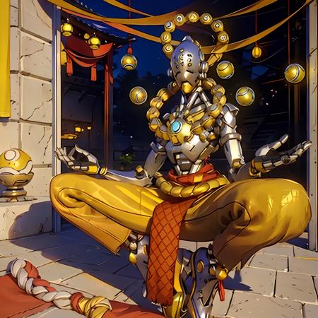 zenyatta, yellow pants, sandals, overwatch, omnic, robot, outside, sakura blossoms, slanted eyes, blue lights, orbs, red fabric, braided rope, (masterpiece, high quality, best quality), sitting in grass