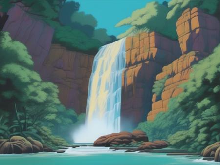 A beautifully rendered aesthetic expression waterfalls in tropical forest,  complementary colors,  <lora:SDXL Cartoon Background:1>toonbg_background