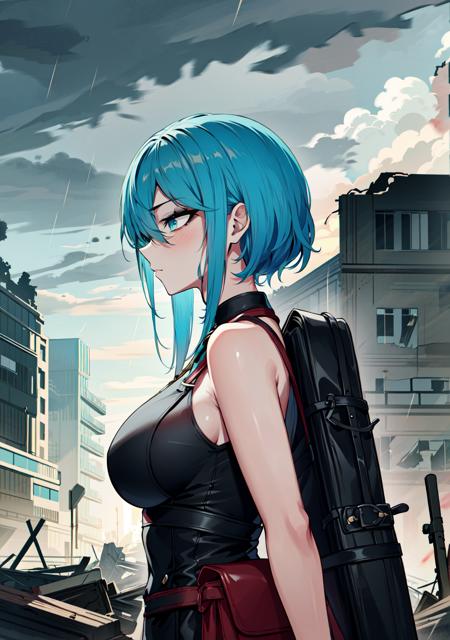 (masterpiece), best quality, detailed background, lot of details, 1 girl, (solo), burnt abandoned buildings, dark weather, asphalt, cloudy sky, ((dark clouds)), rain, (short hair with long locks), tactical uniform, aqua eyes, (aqua hair), hair between eyes, spiked hair, messy hair, war:1.6, large breasts, tactical pouch, fire:1.3, ruins, sleeveless, mud, rust, close-up, upper body, in profile,  <lora:Orouu_100:0.7>