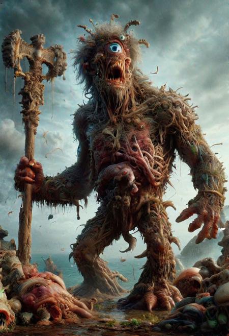 An amazing photo of Roman monster. Photorealistic Britannia. Use Roman mythology to create terrifying monster., high quality very detailed, high resolution, sharp, Sigma fp with Sigma 45mm f-2.8 DG DN. Photography by Martin Schoeller and Jeremy Geddes and Sally Mann, cyclops  <lora:cyclops:1>, zombie, rotting flesh